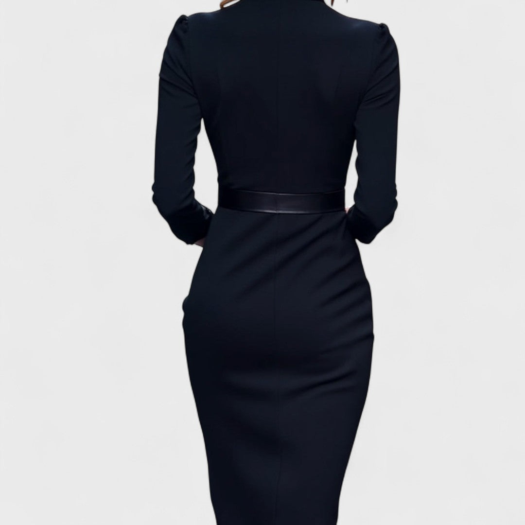 Mandarin - Vestido Preto Refinado com Cinto e Gola