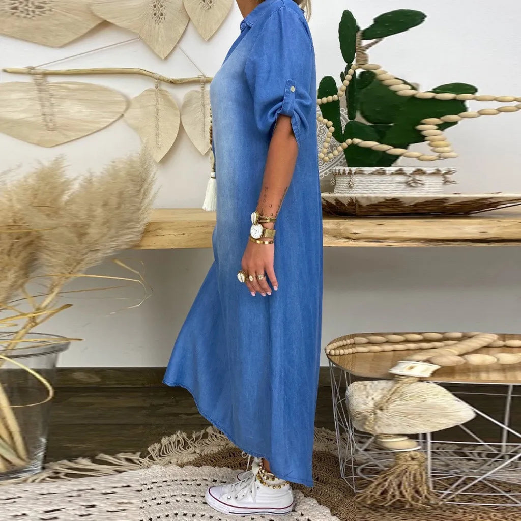 Lea | Vestido longo em look jeans com fenda lateral