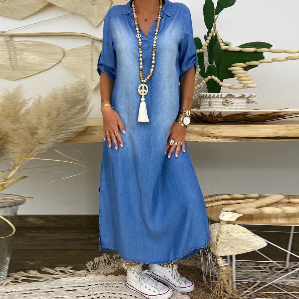 Lea | Vestido longo em look jeans com fenda lateral