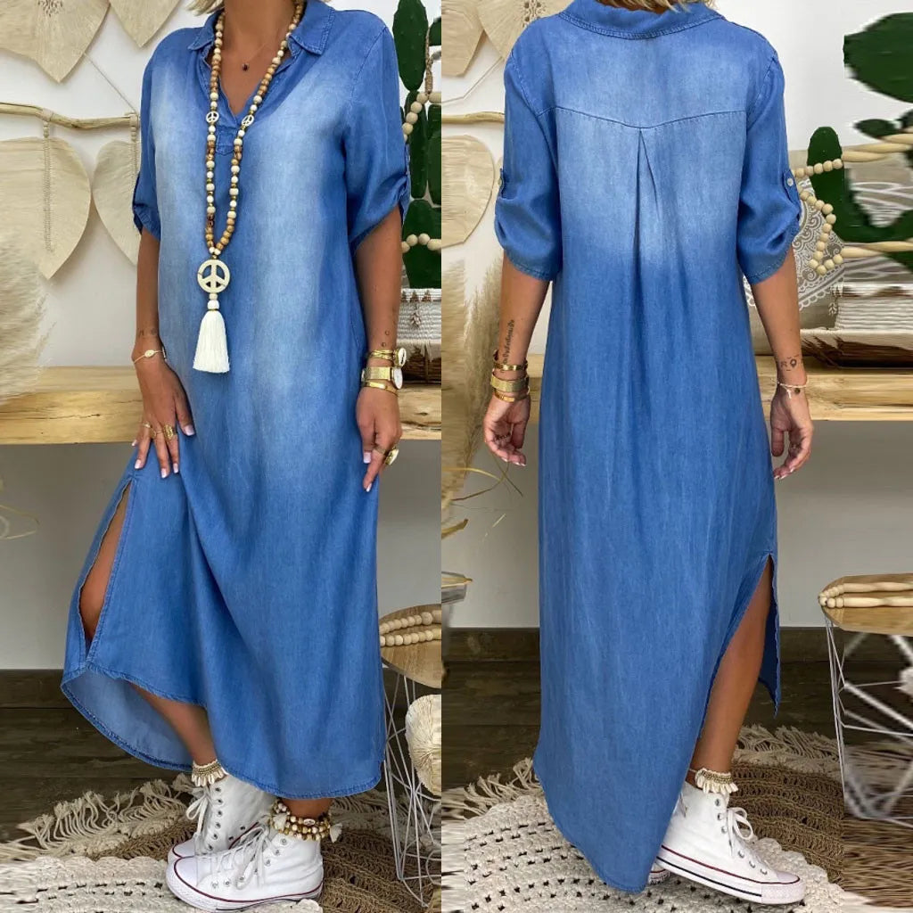 Lea | Vestido longo em look jeans com fenda lateral