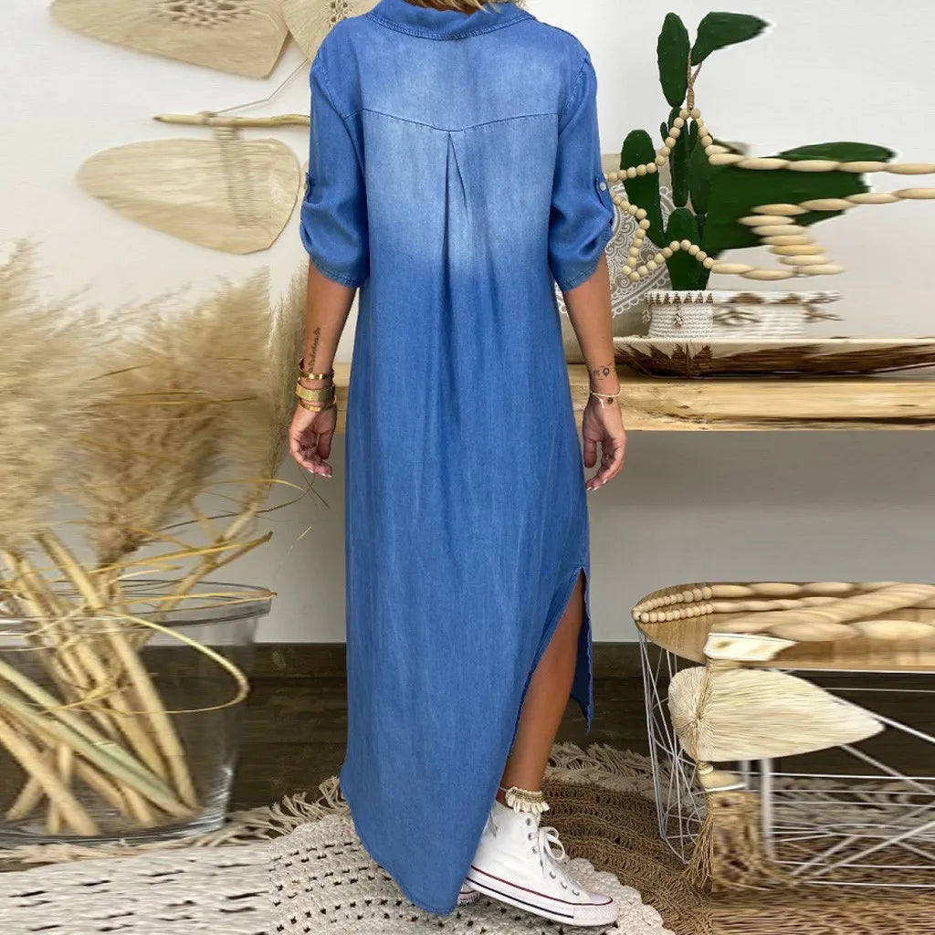 Lea | Vestido longo em look jeans com fenda lateral