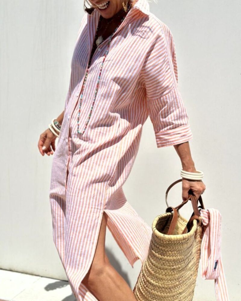 COLEN - VESTIDO CAMISA DE MULHER LISTRADO CLÁSSICO COM RENDA