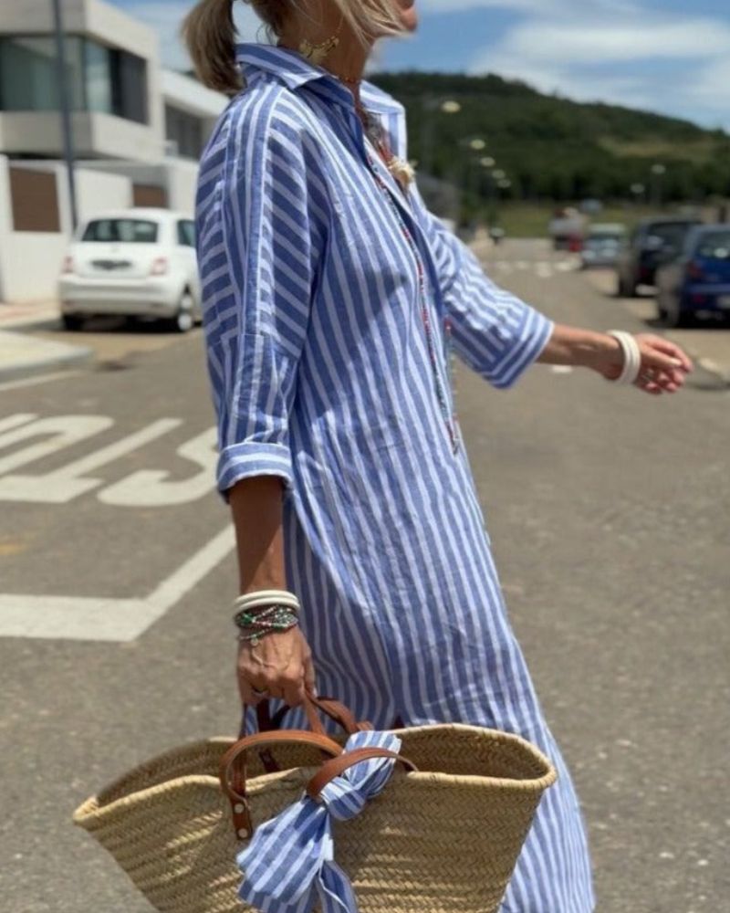 COLEN - VESTIDO CAMISA DE MULHER LISTRADO CLÁSSICO COM RENDA