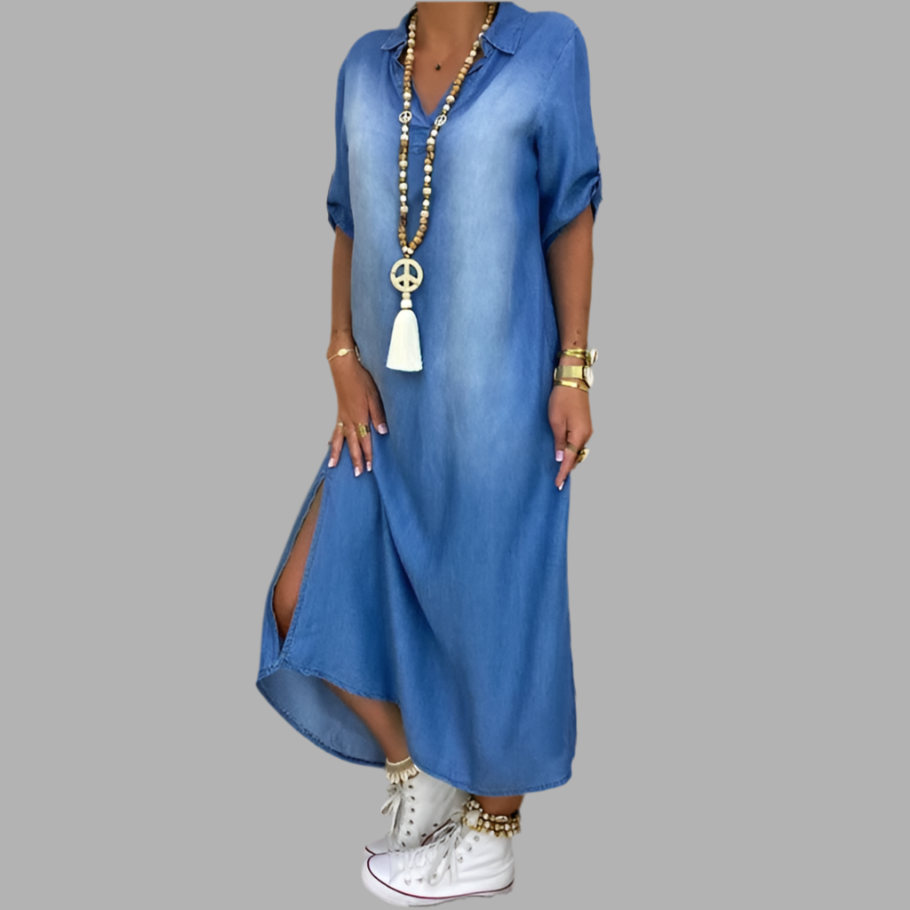 Lea | Vestido longo em look jeans com fenda lateral