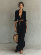 Vestido longo longo com gola de lapela e cinto inclusos