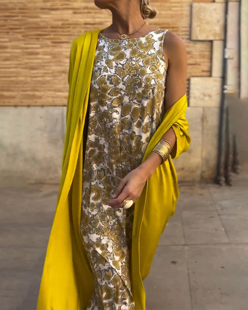 Abrielle – Vestido longo elegante com cardigan combinando