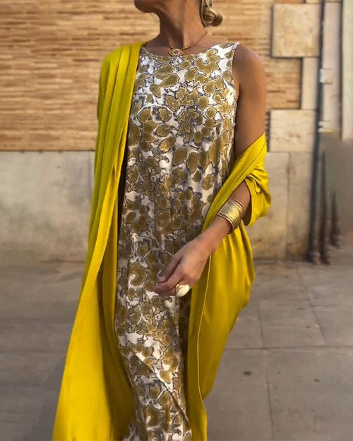 Abrielle – Vestido longo elegante com cardigan combinando