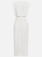 Aina - Vestido midi liso com fenda de botões e decote redondo