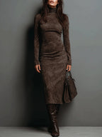 Ilaria - Vestido Midi em Suede com Gola Alta e Mangas Longas