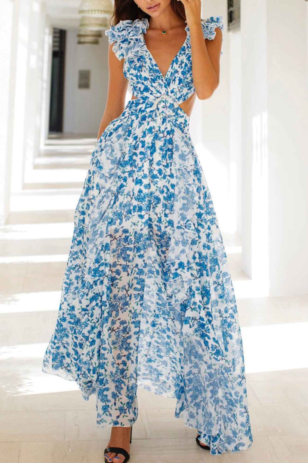 Isadora™ | Vestido longo com recorte e mangas franzidas