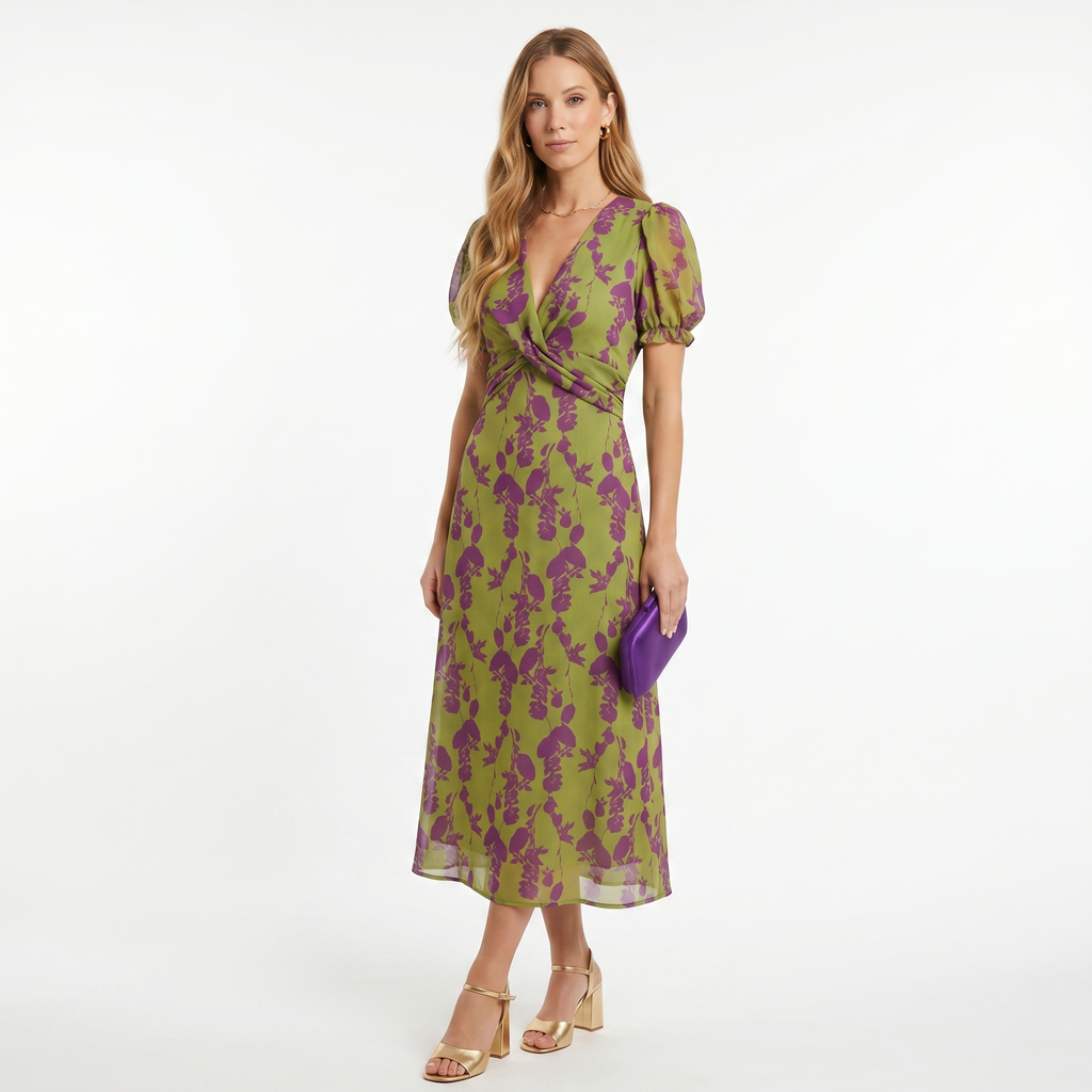 Sofia | Vestido Midi com Estampado Floral e Manga Curta