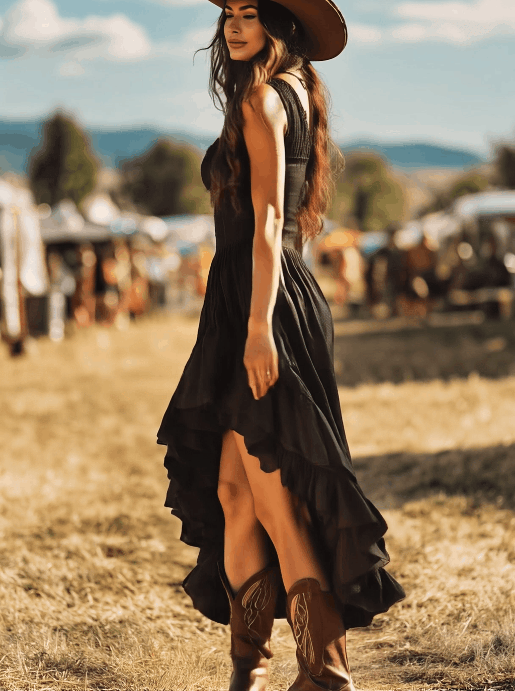 Dakota – Vestido longo preto sem mangas com babados e detalhes plissados
