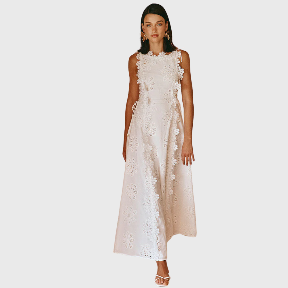 Aribela - Vestido longo com bordas bordadas florais