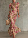 Fiora | Vestido longo com estampa vintage de rosas e mangas bufantes para Mulher