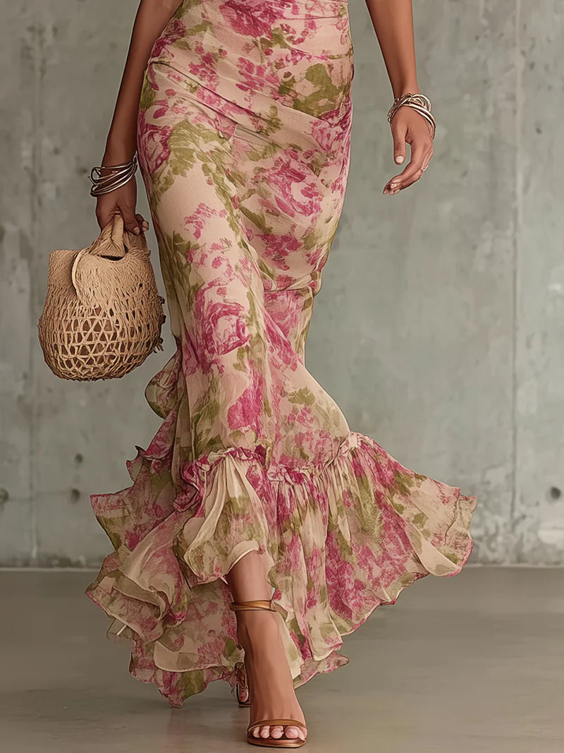 Fiora | Vestido longo com estampa vintage de rosas e mangas bufantes para Mulher