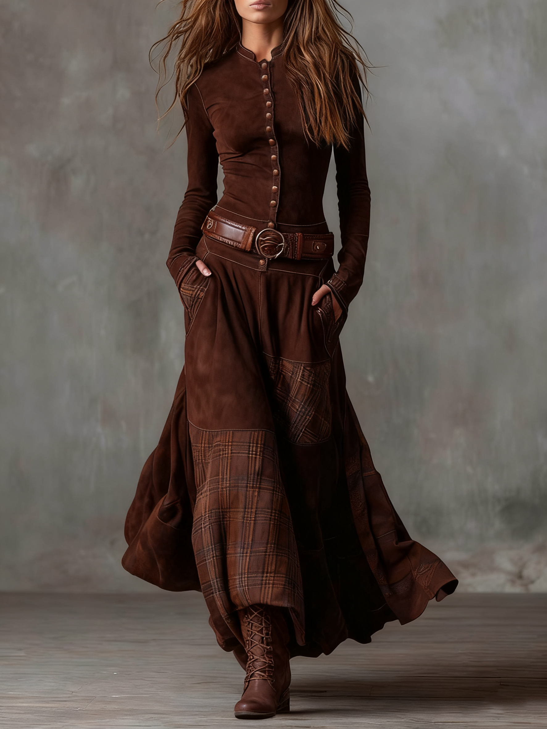 Azucena - Vestido maxi de camurça com cinto