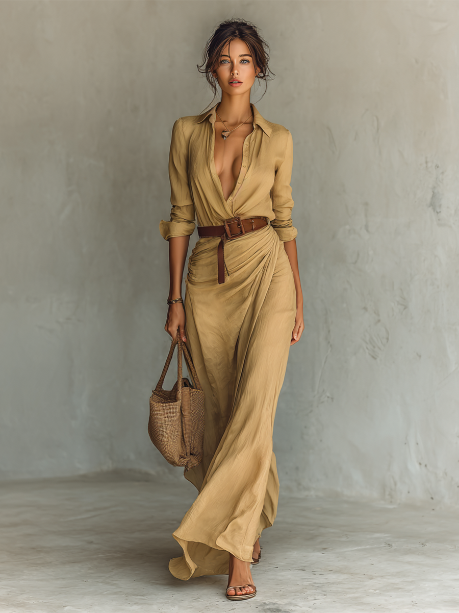 Vestido longo longo com gola de lapela e cinto inclusos
