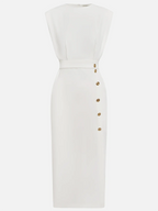 Aina - Vestido midi liso com fenda de botões e decote redondo