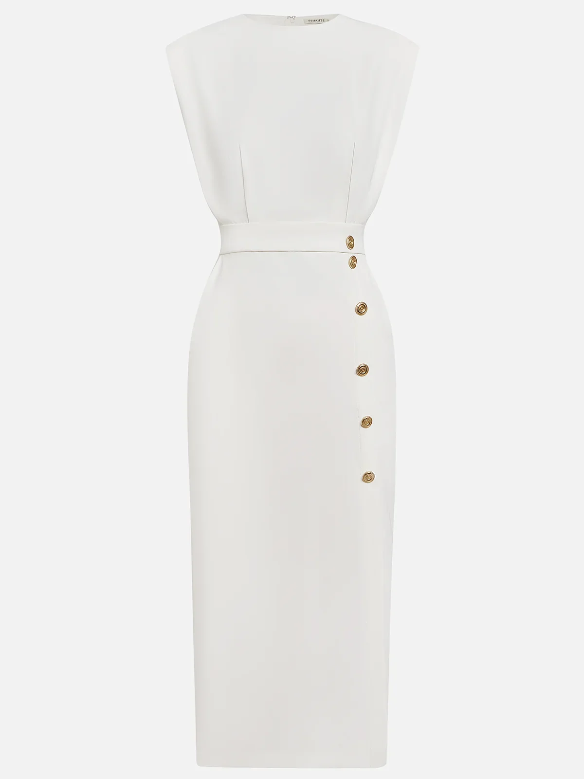 Aina - Vestido midi liso com fenda de botões e decote redondo