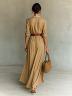 Vestido longo longo com gola de lapela e cinto inclusos