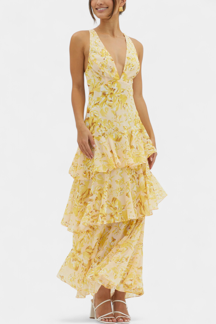 Domenica - Vestido de chiffon com decote em V e camadas fluidas