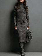 Ilaria - Vestido Midi em Suede com Gola Alta e Mangas Longas