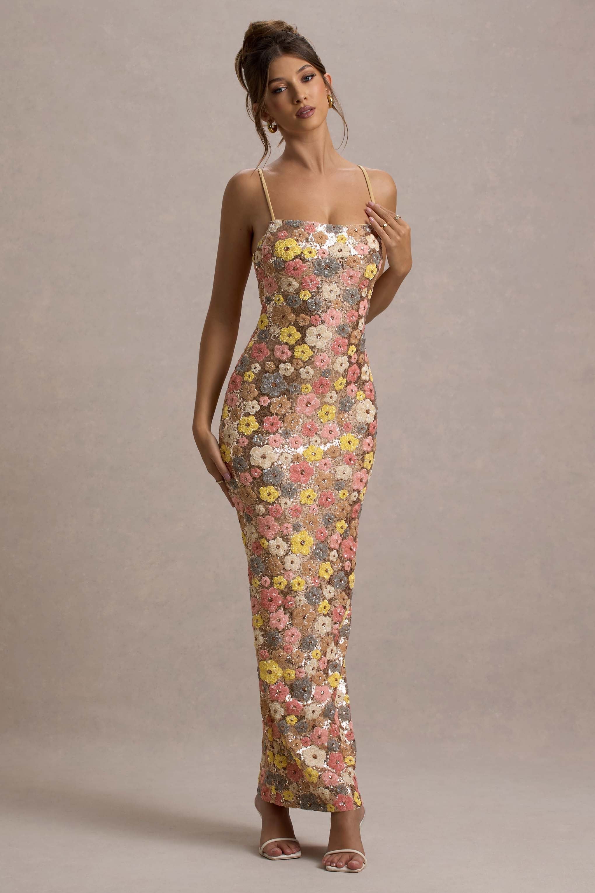 SELVIANA Vestido longo floral com lantejoulas
